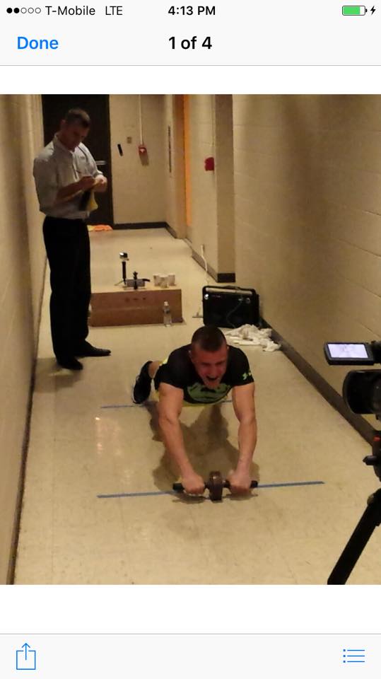 In the hallway of DAV in Washington finishing his 524th Ab Wheel and setting world record